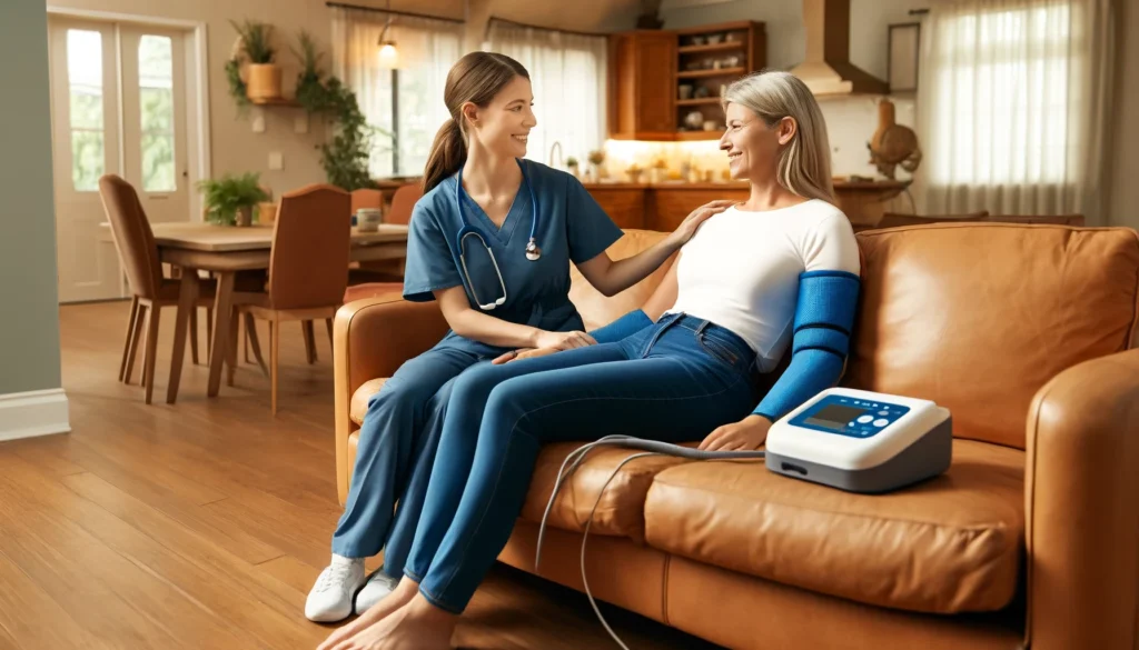 a woman sitting on a couch with a stethoscope around her neck